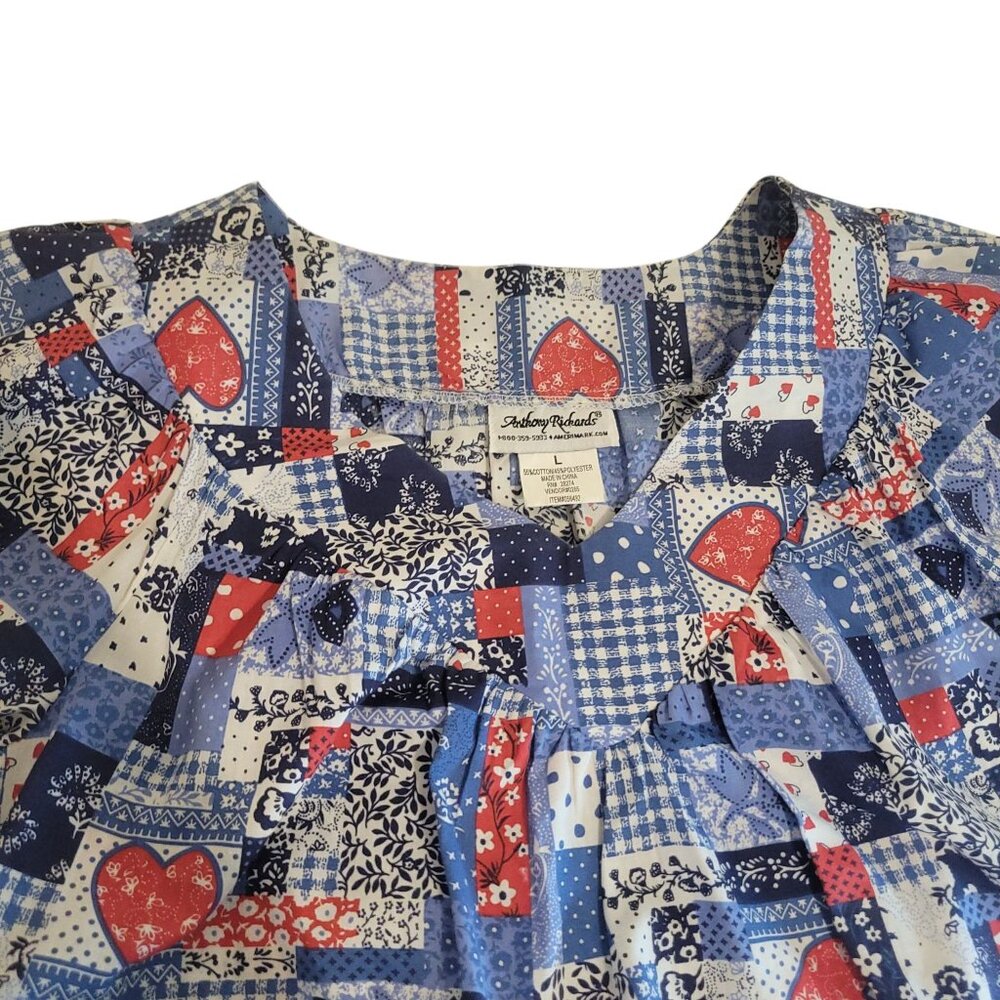 Vtg 80s Anthony Richards Patchwork House Dress Mumu L Red White Blue Heart Short - Picture 11 of 12